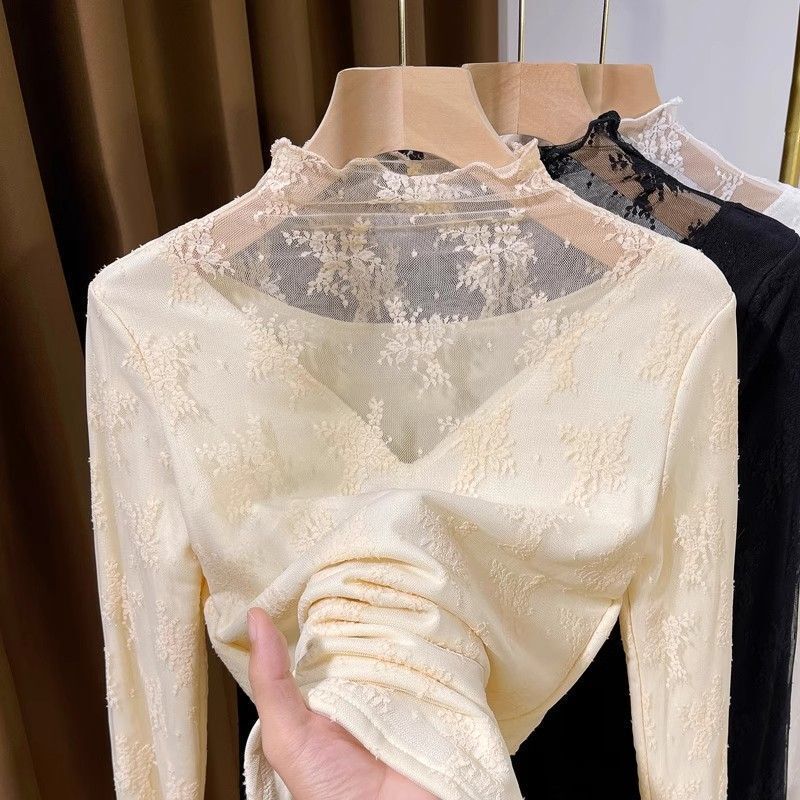 Fleece-Lined High-Neck Lace Base Shirt Autumn and Winter Stylish Top with Sweater Inner Layer White Mesh Top for Women Trendy