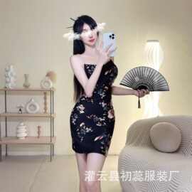 茶艺名媛*复古V领露锁碎花蕾丝性感吊带连衣裙包臀短裙情趣内衣