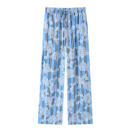 亚马逊批发夏季新款女装百搭高腰条纹印花宽松裤腿长裤1971030