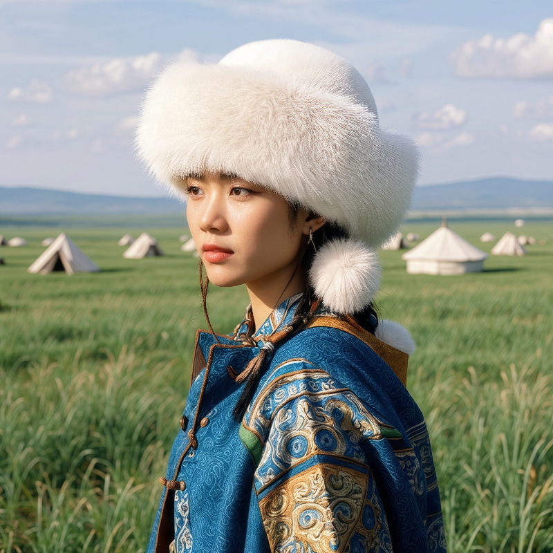 蒙古帽仿皮草毛毛帽子狐狸毛圆顶帽加厚冬东北新款女毛绒保暖棉帽|undefined