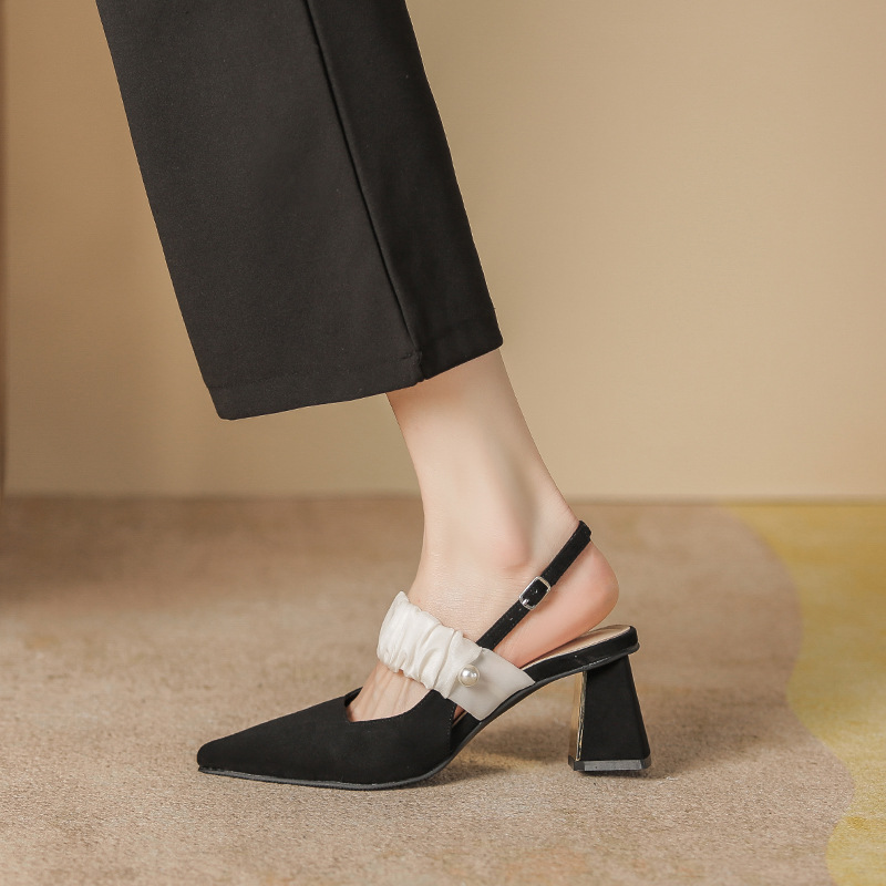 Black High Heels for Women 2024 Summer Shallow French Pointed Toe Commuting Thick Heel Closed-Toe Sandals French Style