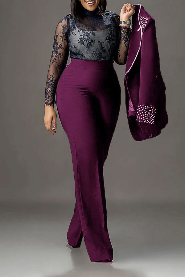 K3332 Women's European And American Style Pearl Embellished Slim Stretch Two Piece Suit Long Sleeved Regular Fit Summer Suit_ecoleips.com