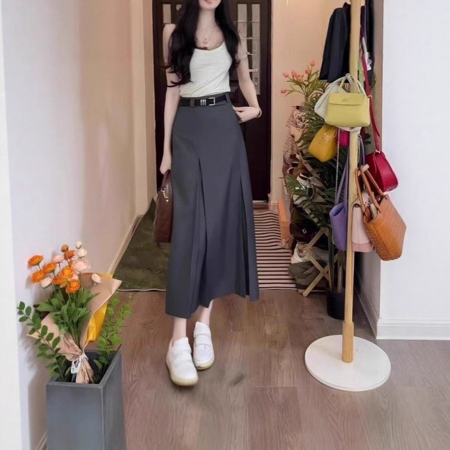 Gray Suit Pleated Skirt Women's High Waist Hip-Covering Long Skirt New Style A-Line Skirt