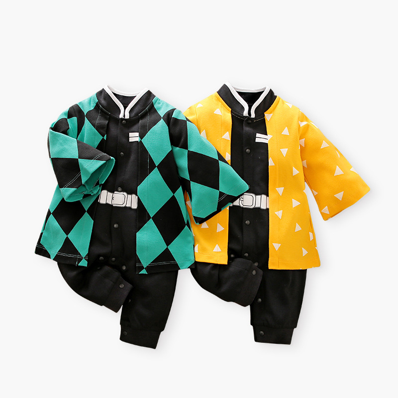 Autumn Boy Cartoon one-piece garment baby False two Romper Single breasted Newborn Olivine lattice Climbing clothes On behalf of