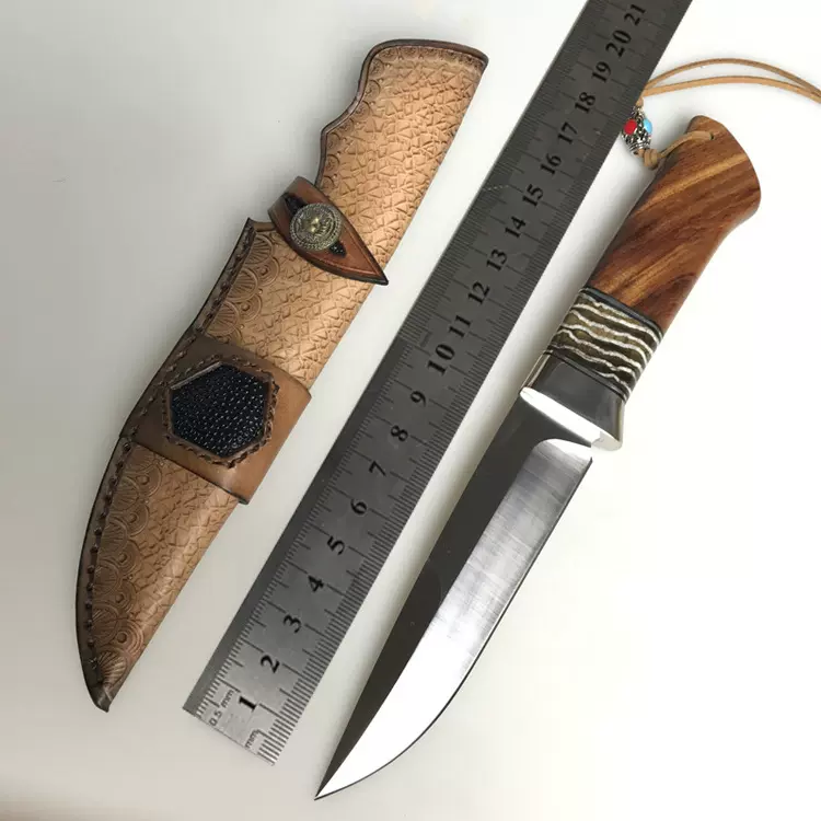 户外直刀高硬度D2钢龙骨一体小直刀沙漠铁木野外求生防身水果小刀