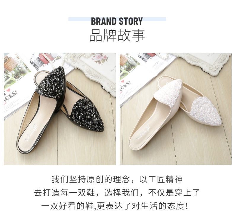 Dép nữ bít mũi mũi nhọn đính đá pha lê, quai hậu nửa dép đế bằng thấp — Màu mơ, Màu đen chi tiết 14