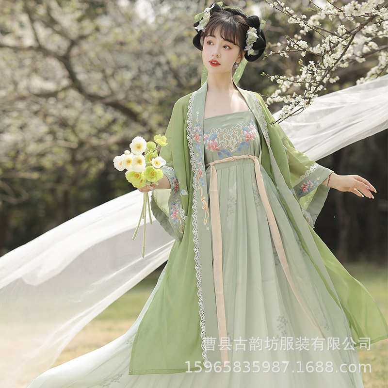 汉服女唐制诃子裙大袖衫刺绣齐胸襦裙古风日常套装春夏季真丝禅意