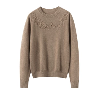 Lekasha cashmere 100%纯山羊绒十二针绣花圆领毛衣女套头打底衫