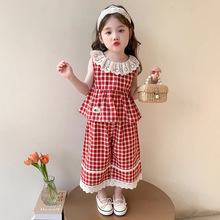 女童套装夏季新款甜美花边格子背心+阔腿裤两件套中小童一件代发