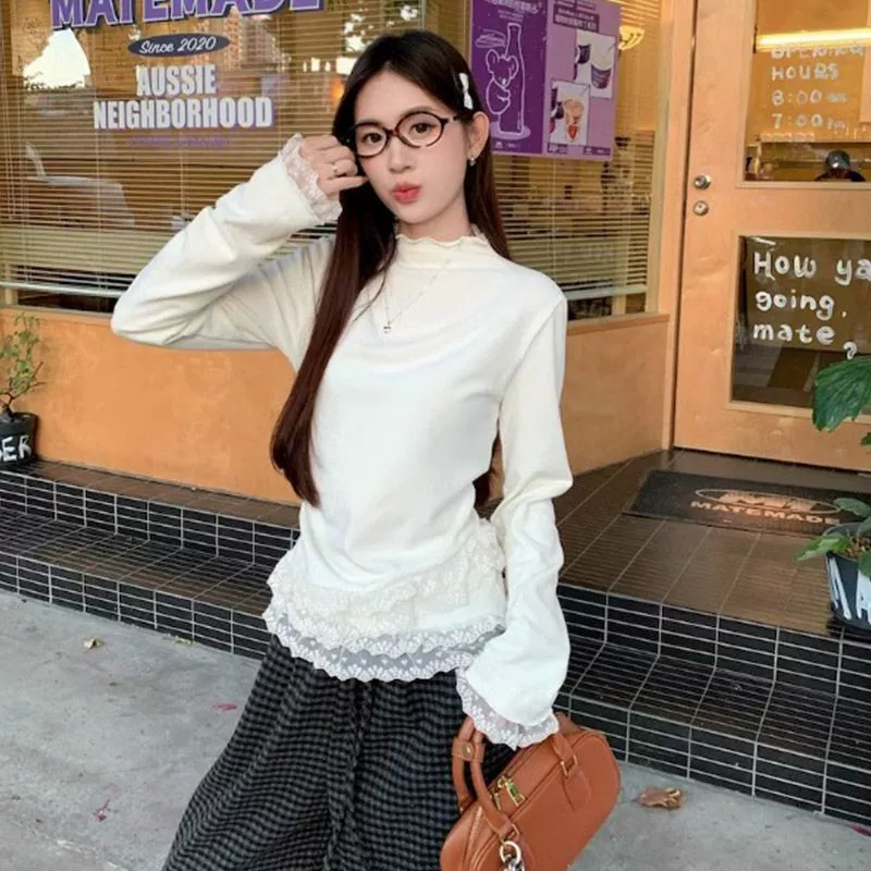 Трансграничная корейская футболка с кружевным сшитым шитьем женская весна и осень сладкий дизайн