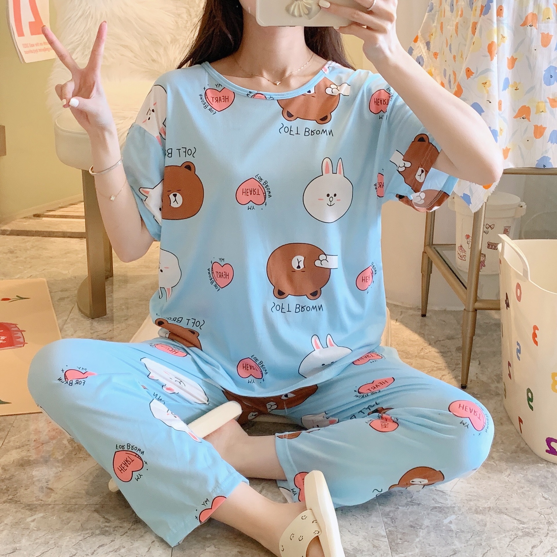 Pijamas para mujer, estilo coreano, de manga corta, con dibujos animados, pantalones largos, estilo fino, 2025, holgados, dulces, para primavera y otoño, conjunto para estar en casa.