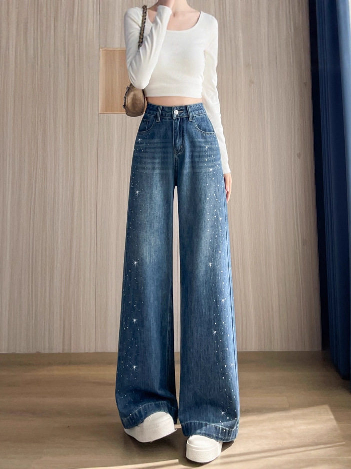 Quần jean ống rộng nữ cạp cao đính đá màu xanh cổ điển, dáng suông rộng thoải mái — Retro màu xanh chín điểm, Xanh Vintage, Dáng Dài, Xám Than, Dài Hơn, Xám than, dáng thường