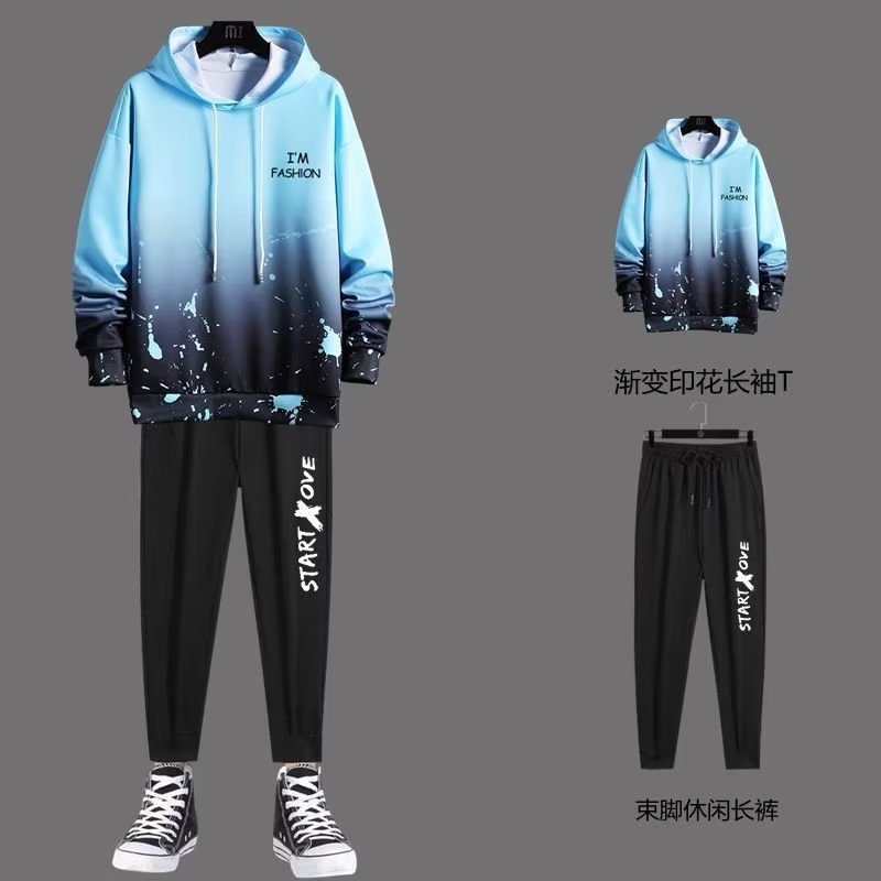 Nuevo suéter con capucha de gradiente forrado de lana para hombres jóvenes traje casual más tamaño estilo coreano deportes primavera y otoño moda todo a juego