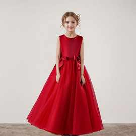跨境儿童礼服2025新款中国红蓬蓬纱外贸款公主裙模特走秀女童礼服