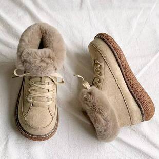 2024 New Fashion Northeast Warm Cotton Shoes Women's Winter fleece-lined Thickened Round Lace-up Snow Non-slip Thick Bottom Short Boots