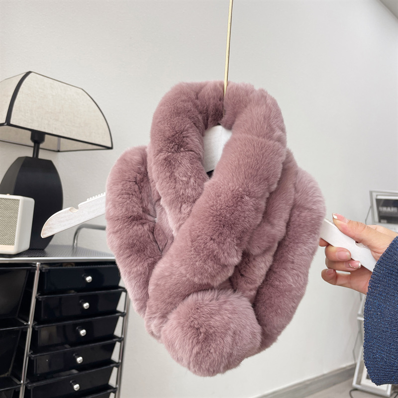 Écharpe en fourrure de renard avec pompons - étole en lapin douce_voghion.com