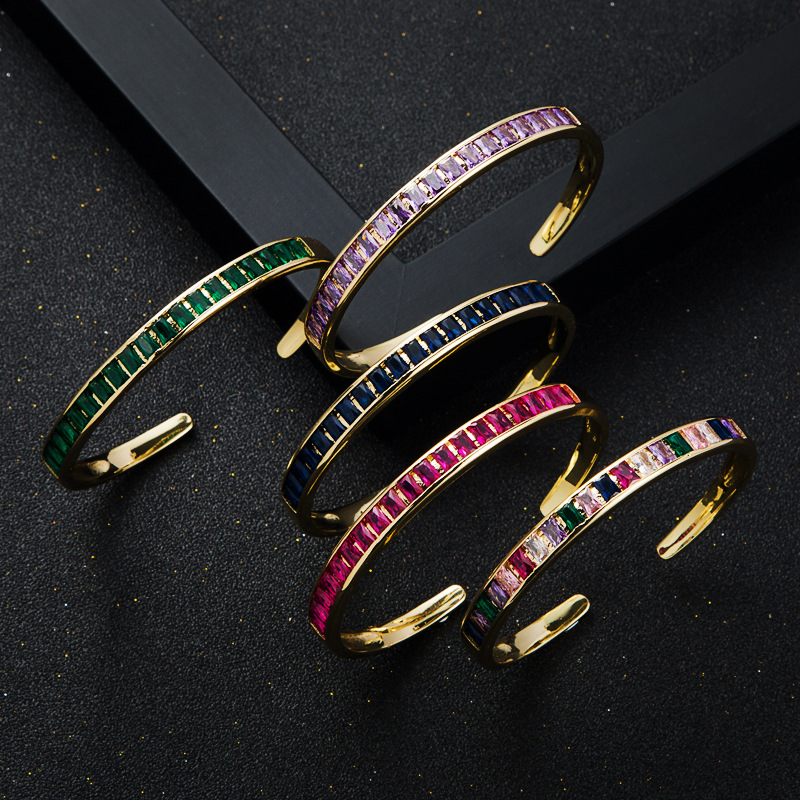 fashion rainbow series copperplated real gold microset zircon open braceletpicture2
