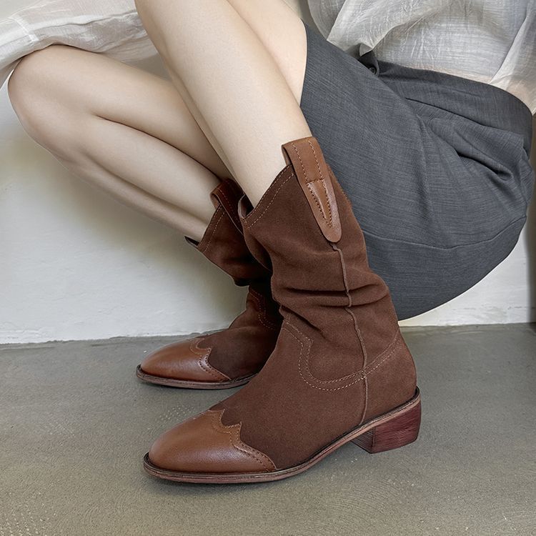 2024 Autumn and Winter Thick Heel High Heel Round Head Stitching Ankle Boots Black Brown Simple Fashion Women's Boots 10-11l 2024 Autumn and Winter Thick Heel High Heel Round Head Stitching Ankle Boots Black Brown Simple Fashion Women's Boots 10-11l