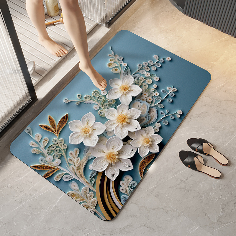 Alfombra de baño con diseño floral 3D de tierra de diatomeas transfronteriza, resistente al desgaste, de secado rápido, absorbente de agua y antideslizante._voghion.com