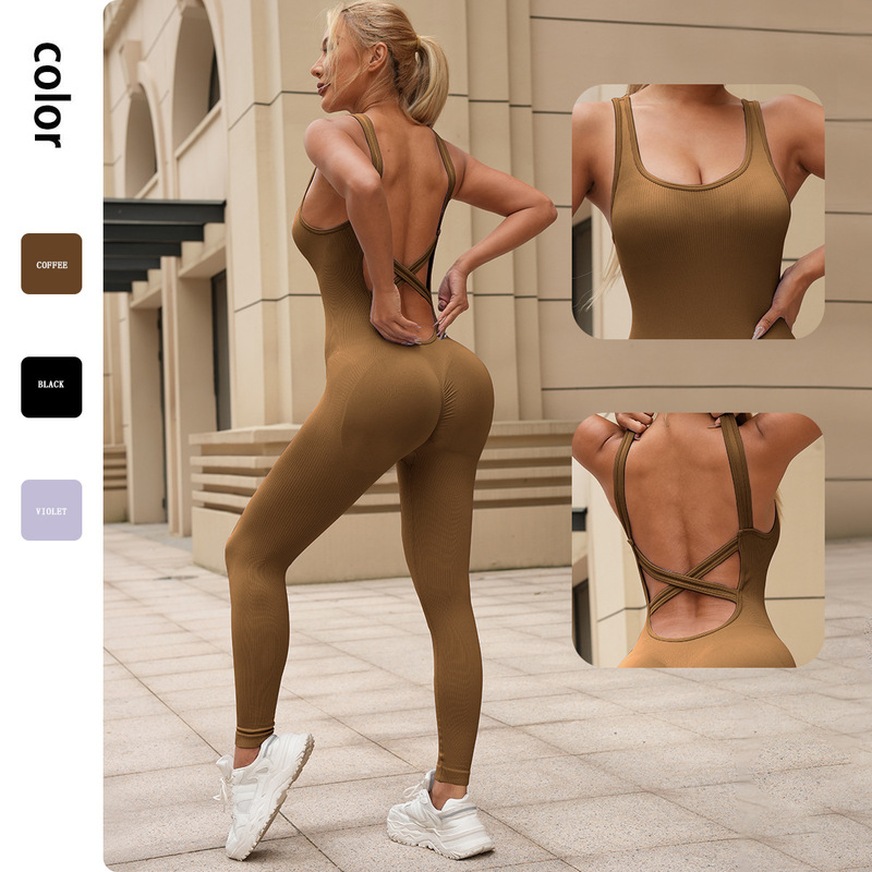 Cross-border Threaded One-piece Seamless Elastic Sportswear Fitness Backless One-piece Yoga Suit Hip-lift One-piece Trousers for Women