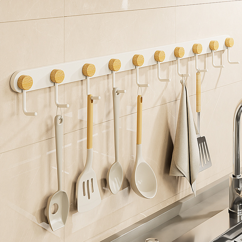Multifunctional Wooden Kitchen Hook, No-Drill Wall-Mounted Spoon and Spatula Holder, Kitchen and Bathroom Storage Rack, Wall-Mounted Organizer