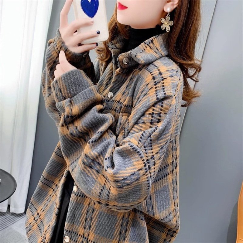 Thickened Brushed Plaid Shirt Women's Autumn and Winter New Arrival plus size Loose Woolen Shirt Casual Plush Coat Top