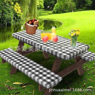 Outdoor stretch table cover flannel table and chair cover picnic table cover elastic band waterproof black and white plaid courtyard three-piece set