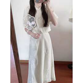 大码胖新品套装女提花盘扣短袖衬+高腰字半身裙两件套200斤
