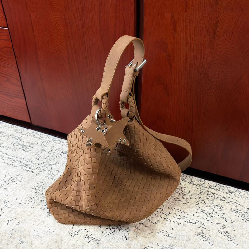 Large-Capacity Suede Frosted Hand-Woven Tote Bag for Women in Autumn and Winter Versatile Commuter Portable Shoulder Crossbody Bag
