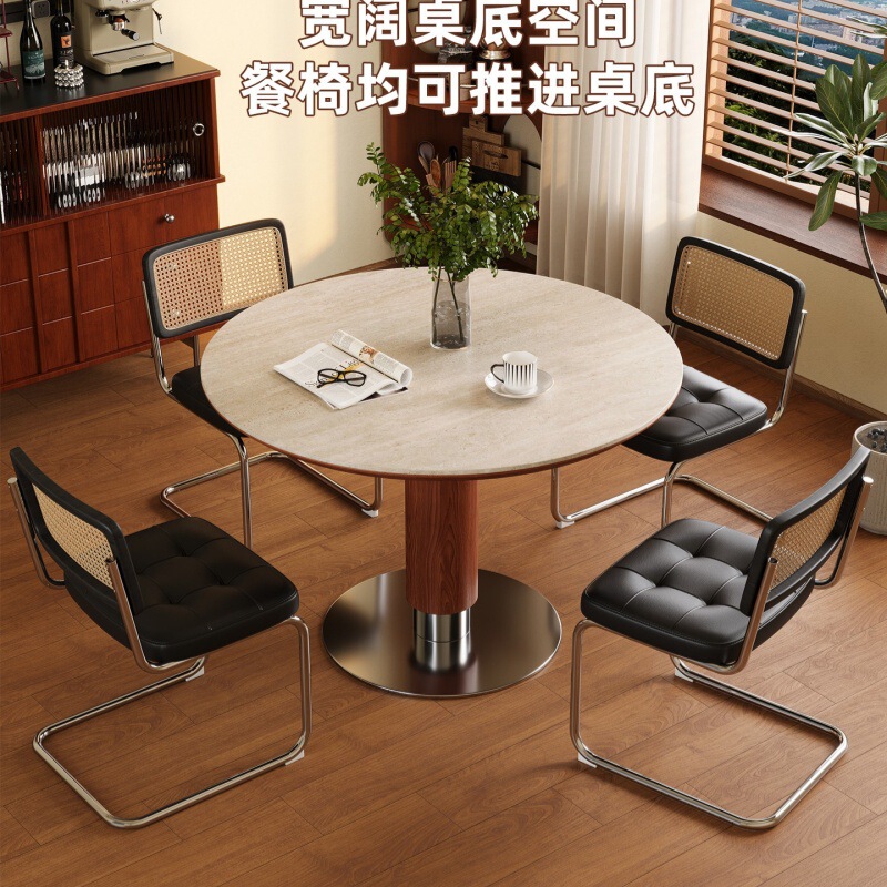 法式复古餐桌洞石岩板圆桌小户型家用简约圆形饭桌全实木接待桌子|undefined