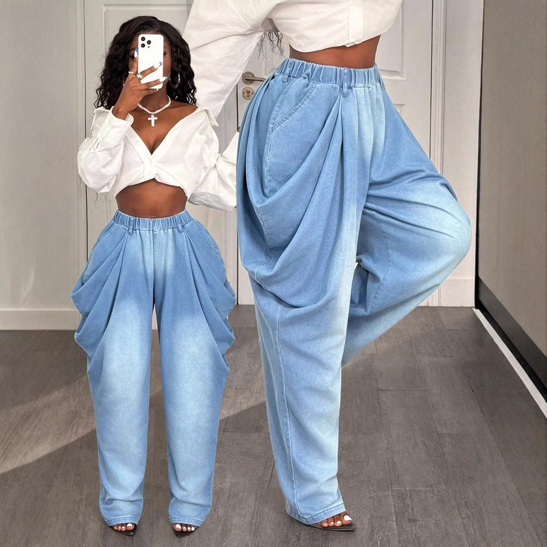 Women's Clothing Versatile Wide Leg Floor Length Slimming Jeans For Women Loose Fitting Europe America For Formal & Casual_ecoleips.com