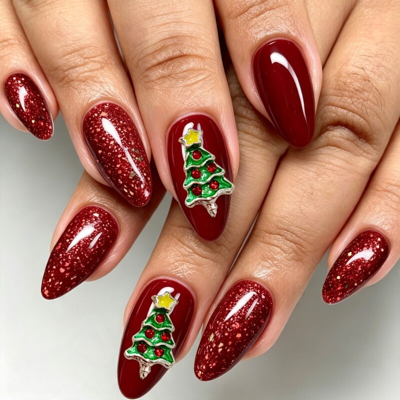 Christmas Nail Art with Rhinestones, Red Christmas Style Nail Art, European and American Fashion Popular Hot-Selling False Nails Wholesale