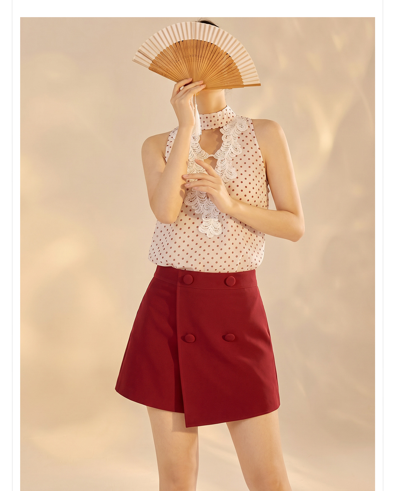 Set vest và chân váy ngắn họa tiết chấm bi phong cách Tân Trung Hoa mùa hè — Trang phục [Vest+Half Dress], nửa váy, Trang phục [Áo vest+quần short], quần đùi chi tiết 4