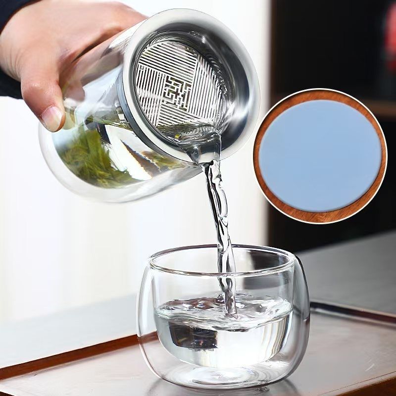 Tetera de doble vidrio aislante de calor de té de agua separado taza de filtro de té portátil de fabricación de té artefacto anti-explosivo transparente