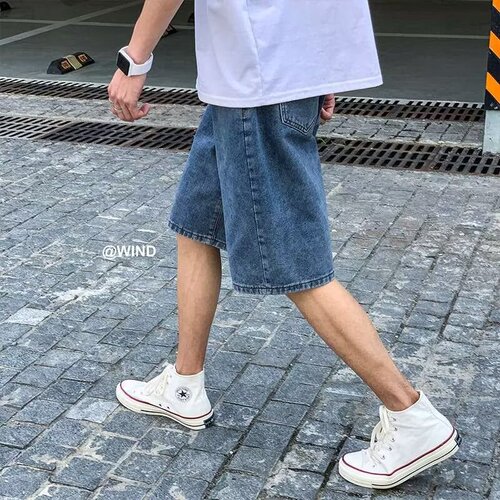 2025 summer new high-waist five-quarter denim shorts, men's loose, wide-leg, slimming, all-matching fashionable straight pants