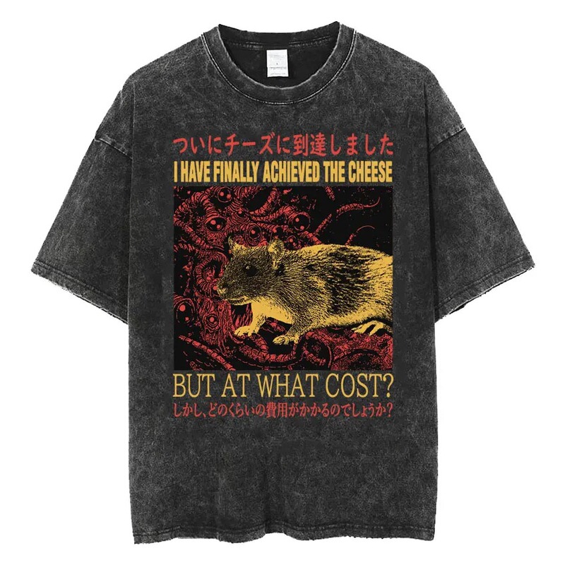 New Short-Sleeve Japanese-Style T-Shirt with Funny Crab Graphic, Washed Men's T-Shirt, Men's Top, Men's Short-Sleeve Shirt