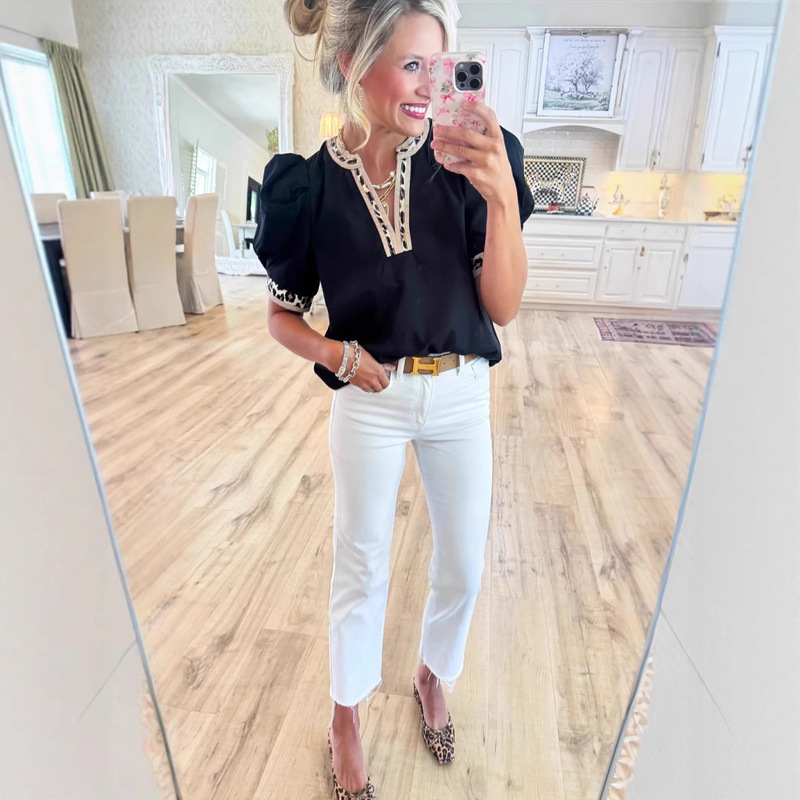European and American Cross-Border 2025 Summer New Pullover Leopard Print Contrasting Color V Neck Puff Sleeve Top Fashionable Elegant Lining