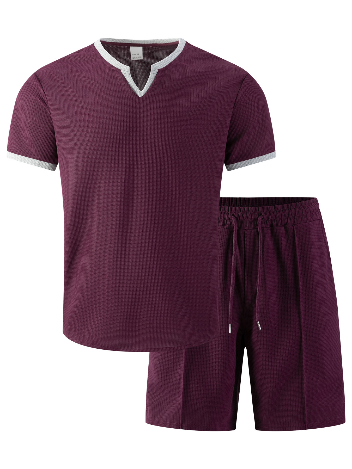 Herren Waffelstrick V-ausschnitt Set Mit T-shirt Und Kurzer Hose_voghion.com