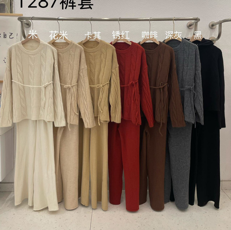 时尚针织套装女2025秋冬系带圆领上衣＋显瘦阔腿裤两件套法式复古|undefined