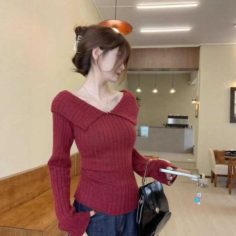 复古减龄翻领红色针织衫女秋冬新款设计感打底衫修身长袖百搭上衣|undefined