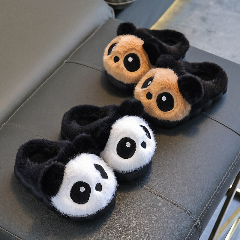 Panda zapatillas de algodón de invierno para niños y niñas, calentamiento y pelusa, zapatos de algodón para padres e hijos lindos para niños