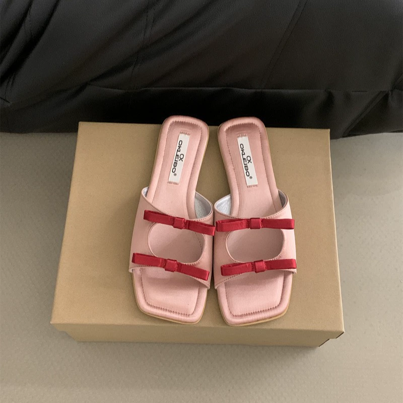 仙女风方头蝴蝶结一字法式平底拖鞋露趾平跟凉拖外穿2025夏新款