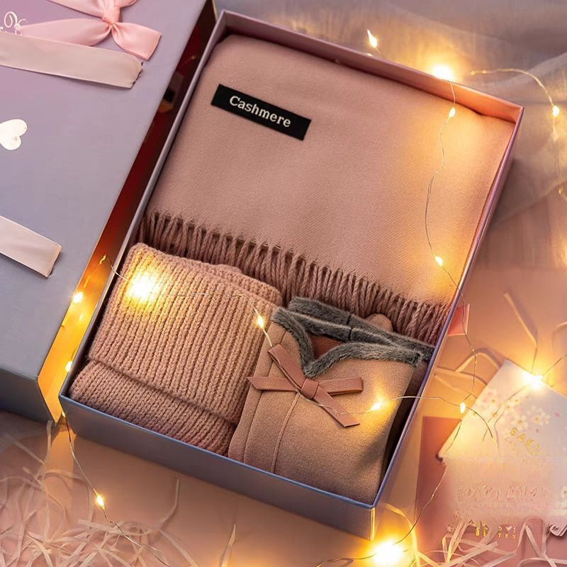 Pink scarf + german velvet gloves + hat