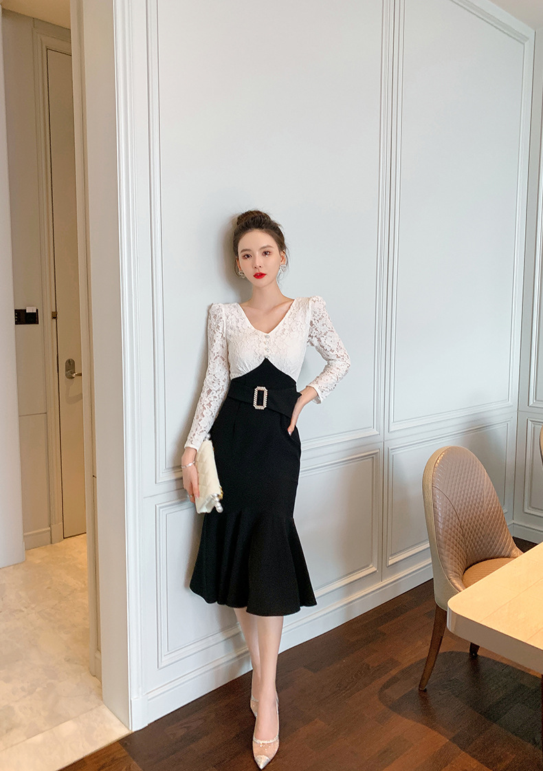 Đầm ôm body nữ cổ chữ V ren đuôi cá — Đen trắng chi tiết 15
