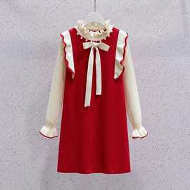 女童毛衣女童针织连衣裙新年装冬季新款洋气女宝宝红色珍珠连衣裙