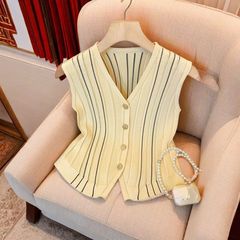 レトロなvネックのノースリーブのニットカーディガン女性の夏の薄いタイプの修身はやせているベストを現します。