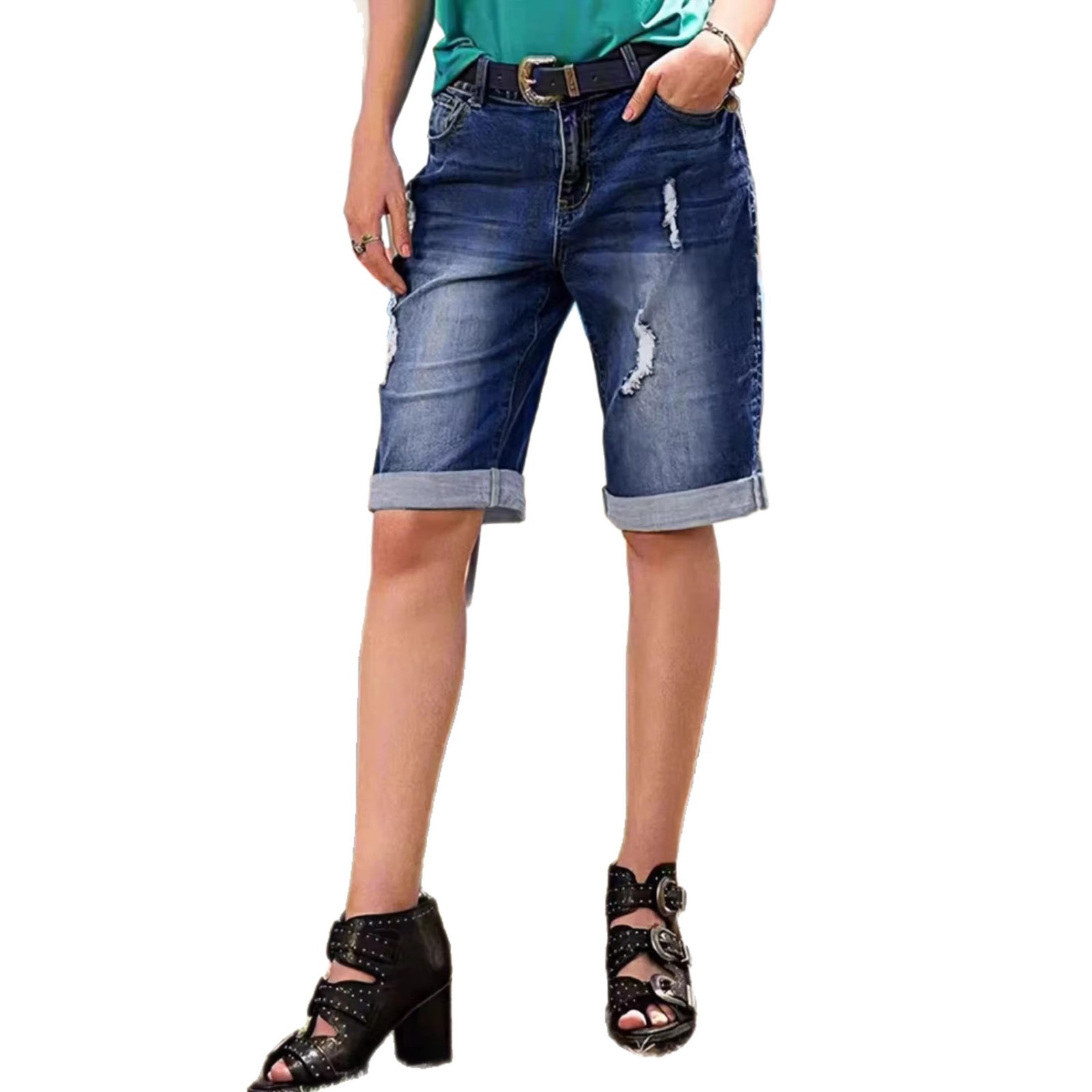 Jeans Capri con Roturas para Mujer, Mezclilla de Algodón y Poliéster, Ligeramente Elástico, Retro, para Uso Diario