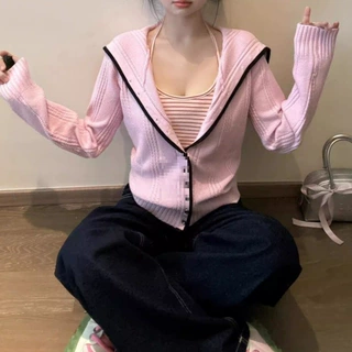 撞色边学院风秋季海军领针织外套毛衣开衫女显瘦气质上衣绵羊绒厚