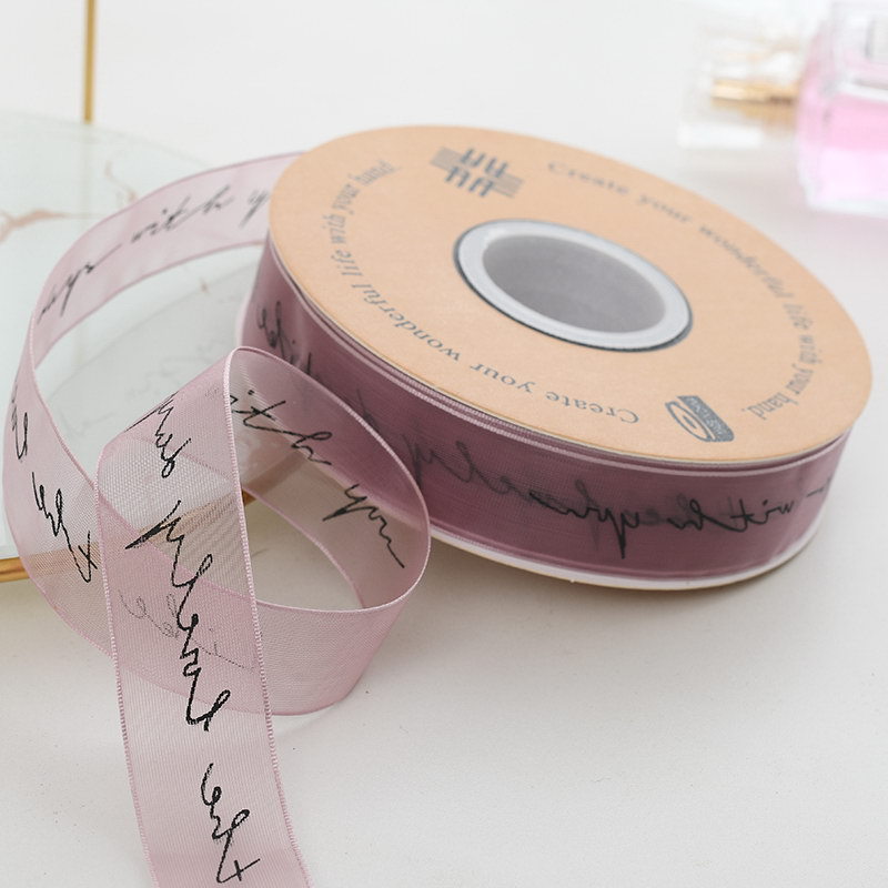 Venta al por mayor cinta de impresión de hilo de nieve letras inglesas Flor de organza pastel de embalaje cinta de ramo de vendaje transparente