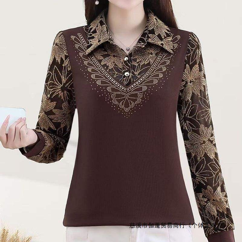Spring and Autumn Fashionable Long-Sleeved T-Shirt with Lapel Collar, New Style, Elegant, Slimming, Versatile, Stylish Top, Suitable for Middle-Aged Mothers, Black